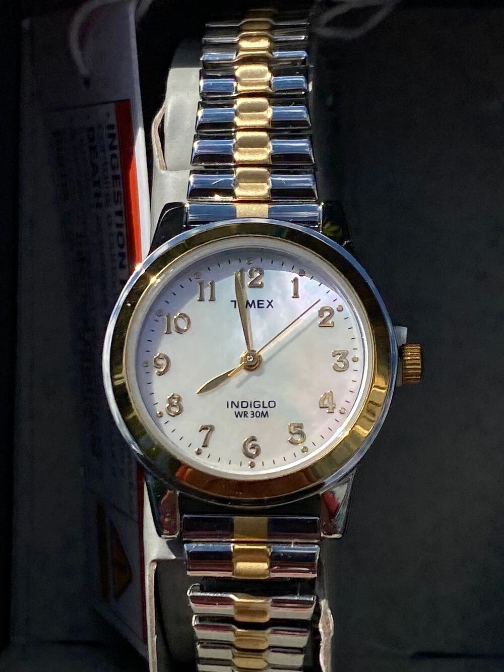 Timex Indiglo Women Watch Gold Tone Mother of Pearl Dial Stretch Band New